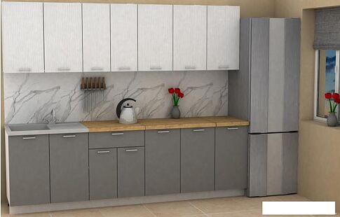 Готовая кухня ЭлиГард Lion 2.6 (белый структурный/дымчатый алмаз/дуб бунратти)