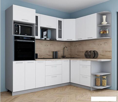 Готовая кухня Интерлиния Мила Gloss 1.68x2.4 правая (белый софт/белый софт/травертин серый)