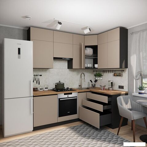 Готовая кухня ВерсоМебель Эко Премиум 1.4x2.2 правая (глиняный серый/ст. дуб вотан)