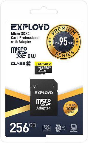 Карта памяти Exployd Premium Series microSDXC 256GB EX256GCSDXC10UHS-1-ELU3 (с адаптером)