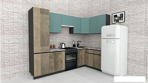 Готовая кухня ВерсоМебель Эко-8 1.4x2.7 правая (сумеречный голубой/дуб гранж песочный/ст.альберика)