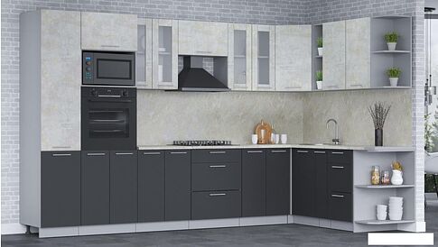 Готовая кухня Интерлиния Мила 1.88x3.4 правая (бетон лайт/антрацит/опал светлый)
