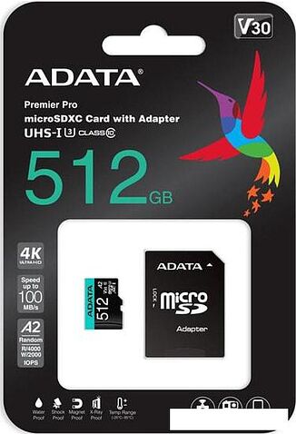 Карта памяти A-Data Premier Pro AUSDX512GUI3V30SA2-RA1 microSDXC 512GB (с адаптером)