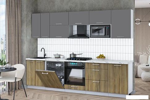 Готовая кухня Интерлиния Мила Gloss 2.9-ПМ2 (дуб вотан/серый/белый гранит)