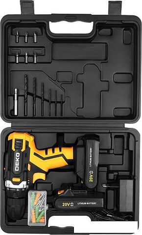 Дрель-шуруповерт Deko DKCD20V 080-1009 (с 2-мя АКБ, кейс, оснастка)