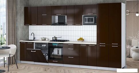 Готовая кухня Интерлиния Мила Gloss 3.8-ПМ2 (шоколад глянец/шоколад глянец/бискайская сосна)