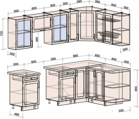 Готовая кухня Интерлиния Тренд 1.5x2.5 правая (океан/слоновая кость/серый каспий)