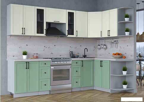 Готовая кухня Интерлиния Тренд 1.5x2.8 правая (мята/белый/бискайская сосна)