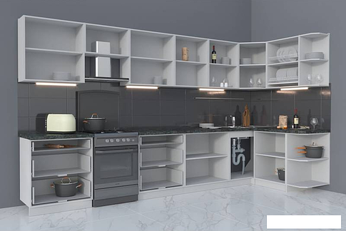 Готовая кухня Интерлиния Мила Матте 1.5x3.8 Б правая (белый-луна-опал светлый)