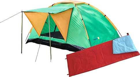 Кемпинговая палатка Sundays GC-TT002 (зеленый/оранжевый, со спальным мешком ZC-SB001 красный)