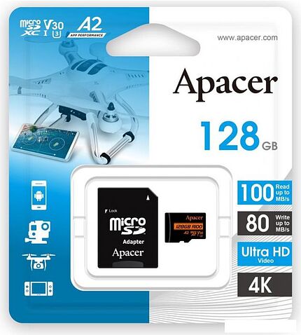 Карта памяти Apacer microSDXC AP128GMCSX10U8-R 128GB (с адаптером)