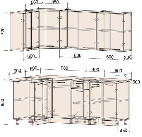 Готовая кухня Интерлиния Мила Лайт 1.2x2.0 (серебристый-бетон-бискайская сосна)