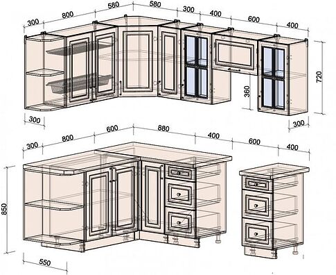 Готовая кухня Интерлиния Мила Шато 1.7x2.3 левая (слоновая кость/слоновая кость/кастилло темный)