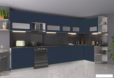 Готовая кухня Интерлиния Мила Матте 1.5x4.0 Б правая (индиго/индиго глянец/кастилло темный)