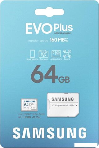 Карта памяти Samsung EVO Plus 2024 microSDXC 64GB (с адаптером)