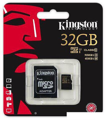 Карта памяти Kingston microSDHC UHS-I (Class 10) 32GB + SD адаптер (SDCA10/32GB)