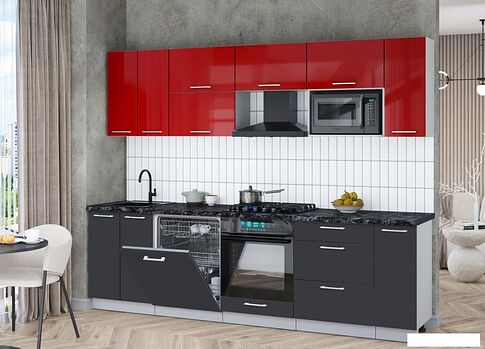 Готовая кухня Интерлиния Мила Gloss 2.7-ПМ2 (пепел/красный глянец/кастилло темный)