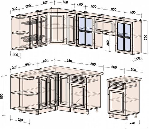 Готовая кухня Интерлиния Мила Шато 1.5x2.5 левая (луна/луна/бискайская сосна)