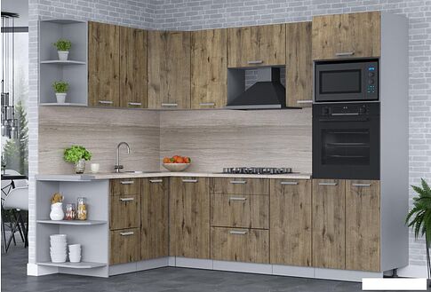 Готовая кухня Интерлиния Мила Лайт 1.68x2.6 левая (дуб веллингтон/дуб веллингтон/травертин серый)