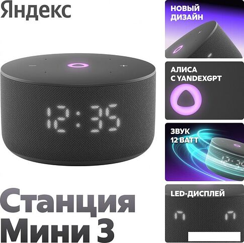 Умная колонка Яндекс Станция Мини 3 с часами (черный)