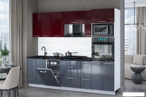 Готовая кухня Интерлиния Мила Gloss 2.55-ПМ3 (асфальт глянец/бордовый глянец/кастилло темный)