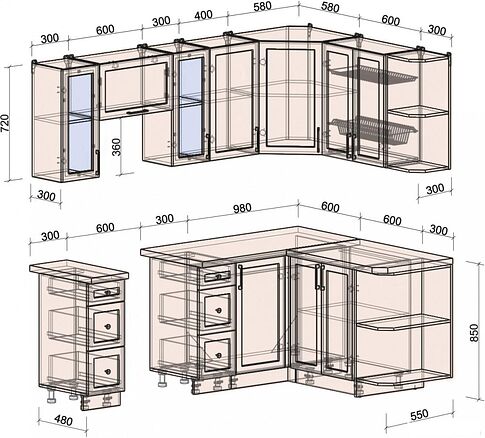 Готовая кухня Интерлиния Тренд 1.5x2.2 правая (пепел/пепел/опал светлый)