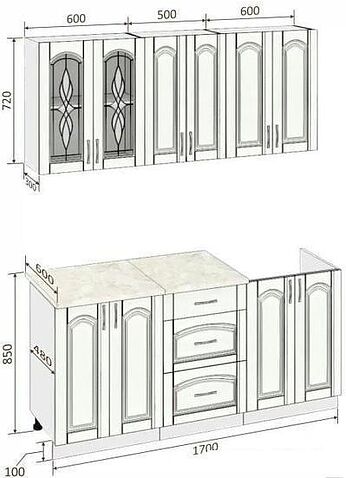 Кухня Кортекс-мебель Корнелия Ретро 1.7м (ясень белый/королевский опал)