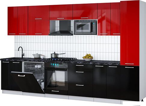 Готовая кухня Интерлиния Мила Gloss 3.4-ПМ2 (черный глянец/красный глянец/кастилло темный)