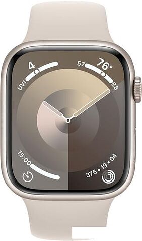 Умные часы Apple Watch Series 9 45 мм (алюминиевый корпус, звездный свет/звездный свет, спортивный силиконовый ремешок M/L)
