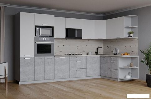 Готовая кухня Интерлиния Мила Лайт 1.68x3.2 правая (белый платинум/бетон/бискайская сосна)