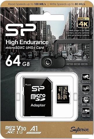 Карта памяти Silicon-Power Golden Series High Endurance microSDXC SP064GBSTXDV3V1HSP 64GB (с адаптером)