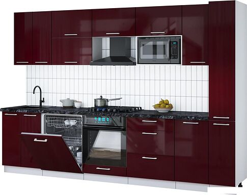 Готовая кухня Интерлиния Мила Gloss 3.1-ПМ2 (бордовый глянец/бордовый глянец/кастилло темный)