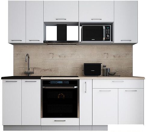 Готовая кухня Интерлиния Мила Gloss 2.2 (белый софт/белый софт/травертин серый)