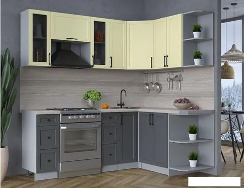 Готовая кухня Интерлиния Тренд 1.5x2.1 правая (пепел/слоновая кость/травертин серый)