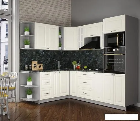 Готовая кухня Интерлиния Мила Деко 1.88x2.4 левая (слоновая кость/слоновая кость/кастилло темный)