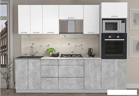 Готовая кухня Интерлиния Мила Лайт 2.6 ВТ (белый платинум/бетон/бискайская сосна)