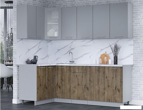 Готовая кухня Интерлиния Мила 12x22 (серебро/дуб веллингтон/белый гранит)