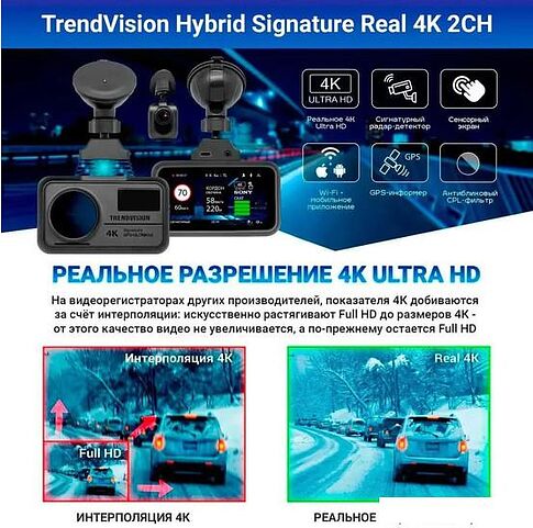 Видеорегистратор-радар детектор-GPS информатор (3в1) TrendVision Hybrid Signature Real 4K 2CH