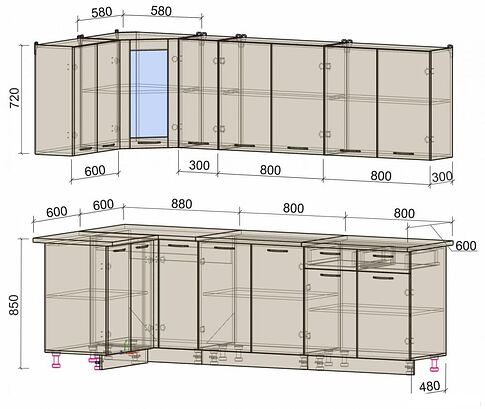 Готовая кухня Интерлиния Мила 12x25 (белый платинум/бетон/бискайская сосна)
