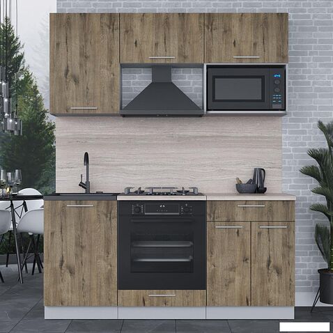 Готовая кухня Интерлиния Мила 1.7 ВТ (дуб веллингтон-дуб веллингтон-травертин серый)