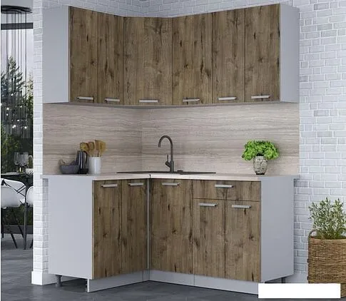 Готовая кухня Интерлиния Мила Лайт 1.2x1.6 (дуб веллингтон/дуб веллингтон/травертин серый)