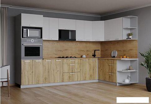 Готовая кухня Интерлиния Мила Лайт 1.68x3.0 правая (белый платинум/дуб золотой/дуб бунратти)