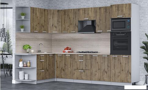 Готовая кухня Интерлиния Мила Лайт 1.68x3.0 левая (дуб веллингтон/дуб веллингтон/травертин серый)