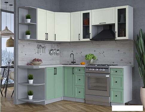 Готовая кухня Интерлиния Тренд 1.5x2.1 левая (мята/белый/бискайская сосна)