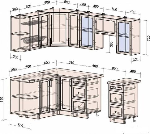 Готовая кухня Интерлиния Тренд 1.5x2.3 левая (океан/океан/дуб бунратти)