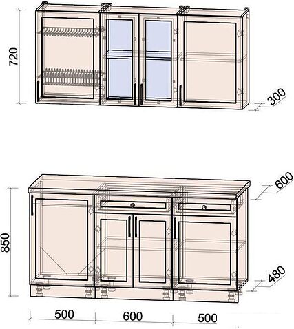 Готовая кухня Интерлиния Тренд 1.6А (луна/луна/бискайская сосна)