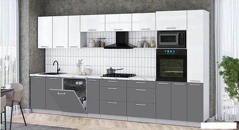 Готовая кухня Интерлиния Мила Gloss 3.8-ПМ1 (серый/белый глянец/белый гранит)