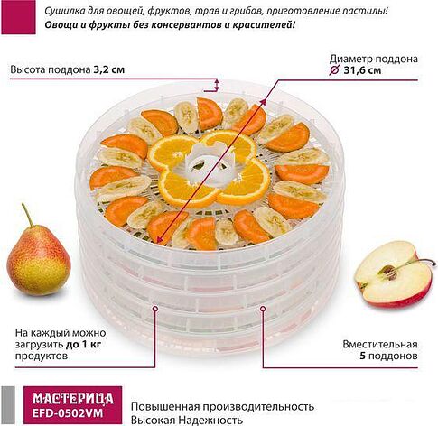 Сушилка для овощей и фруктов Мастерица EFD-0502VM (5 прозрачных поддонов и 1 поддон для пастилы)