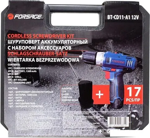 Дрель-шуруповерт FORSAGE BT-CD11-A1 (с 2-мя АКб, кейс, набор оснастки)