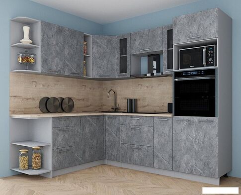 Готовая кухня Интерлиния Мила Gloss 1.88x2.4 левая (керамика/керамика/травертин серый)